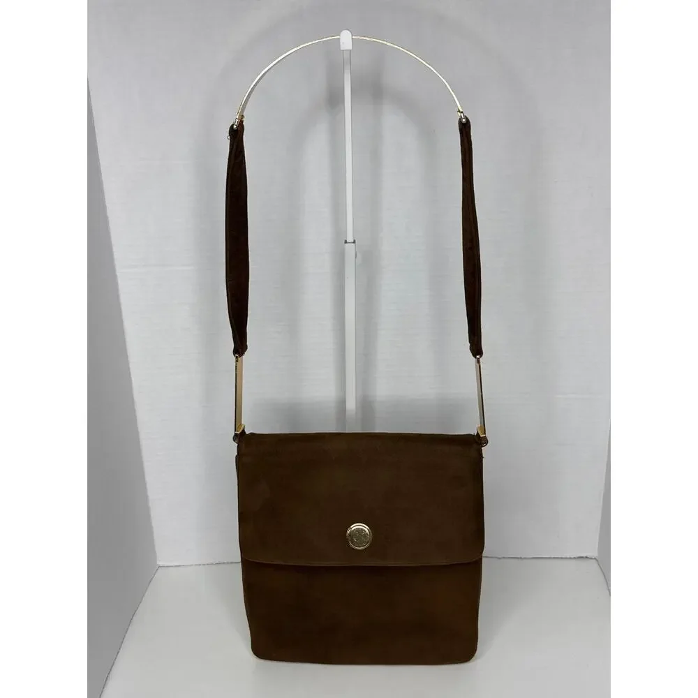 Prestige Vintage suede brown bag with gold hardware & flap closure